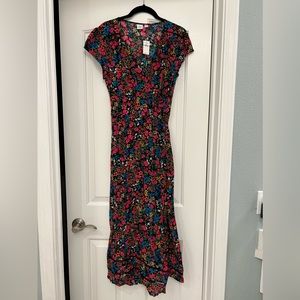 GAP Midi Wrap Dress Navy Floral V-Neck Surplice Mid-Calf Long Fit Flare Sundress